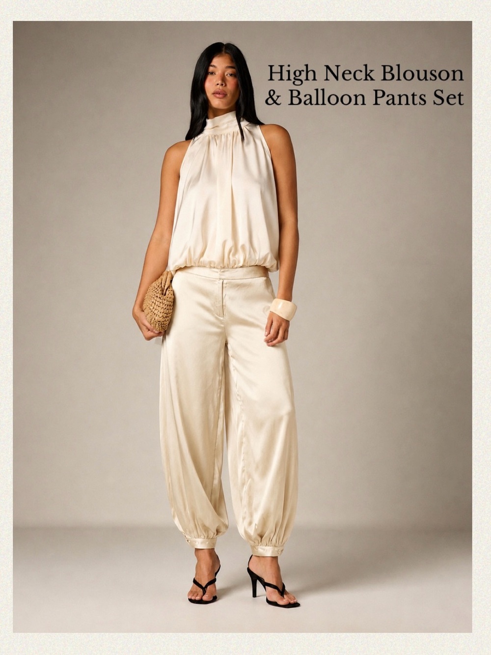 NEW! Creamy Gold High-Neck Blouse & Balloon Pants Set in Ladies’ Small